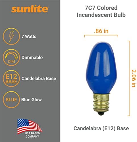 Sunlite 01056 7C7 Bulbo incandescente, 7 watts, Base Candelabra E12, C7 Pequena luz noturna, lâmpada colorida, verde, 12 contagem