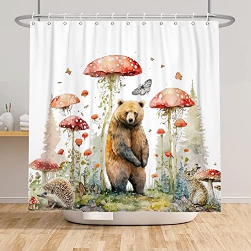Cortina de chuveiro de urso Cortina de chuveiro da floresta de cogumelos para o banheiro Funny Wild Animals Banheiro Curta