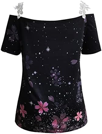 Camiseta de camisetas camiseta feminina de renda de ombro de ombro de ombro floral Manga de camisa Summer regular