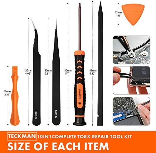 Teckman 10 em 1 Chave de fenda Torx Conjunto com T3 T4 T5 T6 T8 T10 Segurança Torx Bit & ESD Tweezers, Kit de reparo de precisão