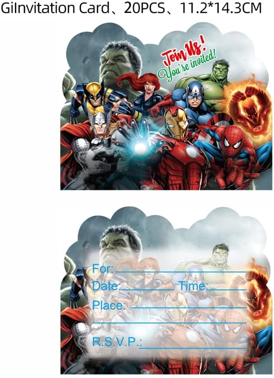 Convites de festa de aniversário de super -heróis de 20pcs 20pcs, convidados de super -heróis decoração de suprimentos de festa de