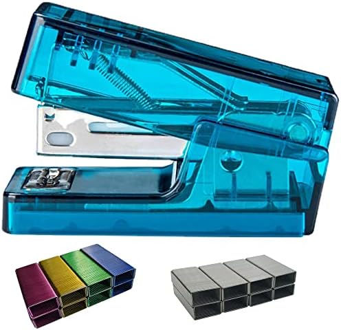 Mini grampeador azul, grampeador de mesa de escritório, grampeador de desktop transparente de mola, capacidade de 30 páginas, tamanho