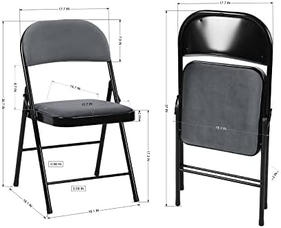 Conjunto de móveis de 4 cadeiras dobráveis ​​de aço 18.1 '' cadeira dobrável com assentos acolchoados de veludo para mesas em casa sala de espera sala de espera hóspedes festa de poker empilhável cadeiras de conferência, cinza e preto