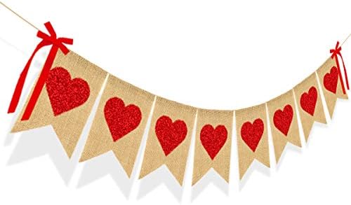 BANNOR DE CORAÇÃO BURCA BURCHA DO DIA DO DIA DO VALENTINES Decoração Red Glittery Heart Banner com Bow Valentines Banner