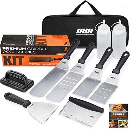 OUII Acessórios de chapa de primeira linha para Blackstone e Camp Chef - 9 peças definidas com kit de limpeza de chapa e bolsa de transporte! Metal Spatula, raspador para Hibachi Grill e Teppanyaki Grill