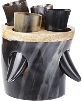 Conjunto de 4 Vintage Vintage Viking Mead Bebning Horn Ale Sip Mead antigo com base de madeira | Cup de chifre viking