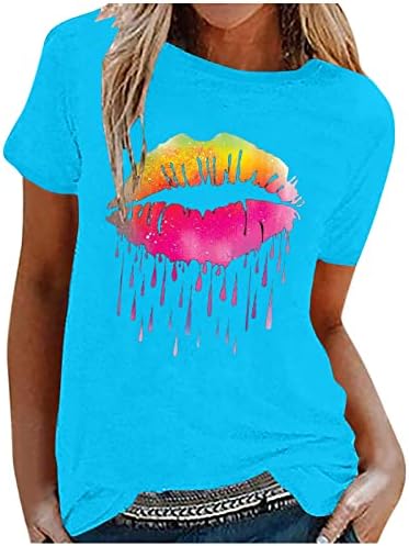 Manga curta feminina lábios coloridos t-shirt de verão Round Round Pescoço fofo camisetas gráficas top