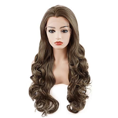 Meiyite Hair Wavy Long 26 polegadas Ash marrom marrom mistura meia mão de meia mão amarrada densidade pesada perucas frontais de