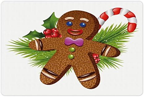 Ambsosonne Gingerbread Man Pet Tapete para comida e água, pastelaria saborosa em galhos coníferos Candy Ceny e Holly Berry, retângulo de borracha sem deslizamento para cães e gatos, verde marrom vermelho