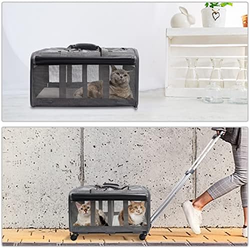 Portador de animais de estimação com rodas com rodas para 2 animais de estimação, transportadora de gatos para 2 gatos, design super