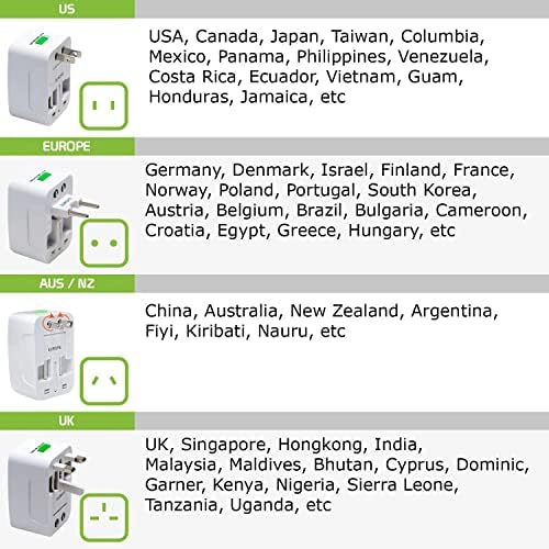 Viagem USB Plus International Power Adapter Compatível com Alcatel U5 para energia mundial para 3 dispositivos USB TypeC, USB-A para