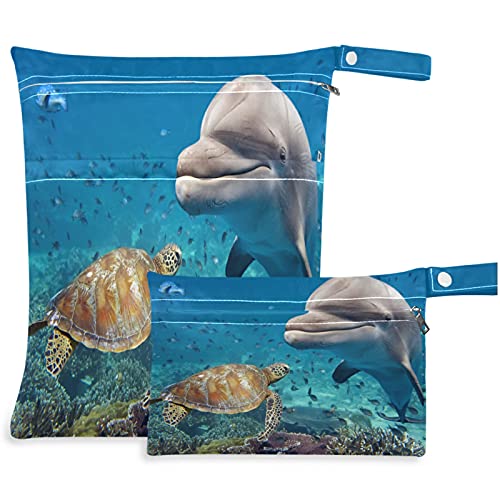VISESUNNY Tartaruga Dolphin 3D Impressão 2pcs Saco úmido com bolsos com zíper para fraldas salateadas reutilizáveis