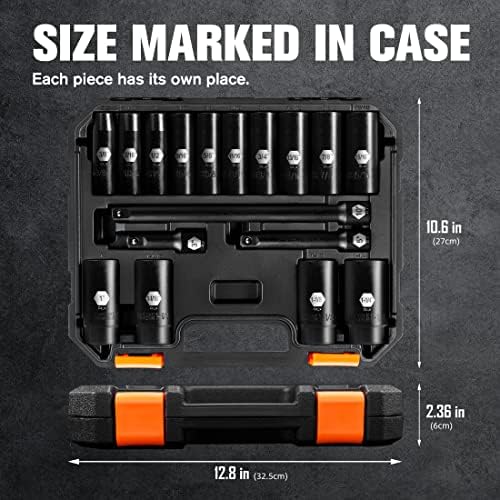 Pgroup 1/2 Drive Deep Impact Socket Sett, tamanhos SAE padrão de 6 peças de 6 peças, aço CR-V, inclui 3, 5 , 10 Barras de extensão