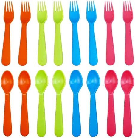 Jawbush 16 PCs Forks e colheres de garfos, utensílios de criança plástico para crianças talheres infantis com cores brilhantes, talheres duráveis ​​reutilizáveis ​​para lancheira, fácil de usar para crianças ou adultos, BPA grátis