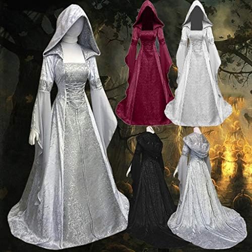 Vestido medieval de zefotim, vestido de bruxa vintage para mulheres com capuz de manga trompa de luta de trompete vestido de halloween