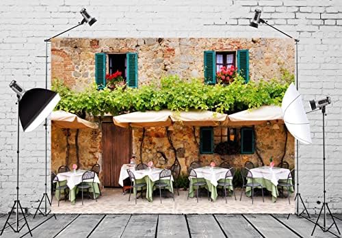LOCCOR Tecido de 7x5ft italiano Town Cafe Backdrop para fotografia de casamento Tuscanan Stone Building Bordant Restaurant Cafe Cadeiras Antecedentes Europa Decorações de festa de viagem
