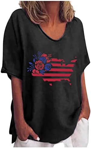 Camisas do Dia da Independência das Mulheres linho de algodão Quarto de julho Tops patiróticos de manga curta V camisetas de camiseta