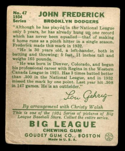 1934 Goudey 47 John Frederick Brooklyn Dodgers Good Dodgers