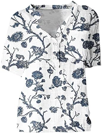 Camisas de linho para mulheres 2023 Button Down Camisetas V Pescoço Tamas de verão impressas Camiseta solta com bolsos no peito Bloups