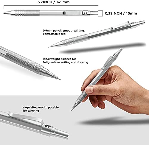 Lápis mecânicos de 0,9 mm de metal nicpro conjunto com estojo, com lápis de elaboração de 3pcs 0,9 mm, 6 tubos hb