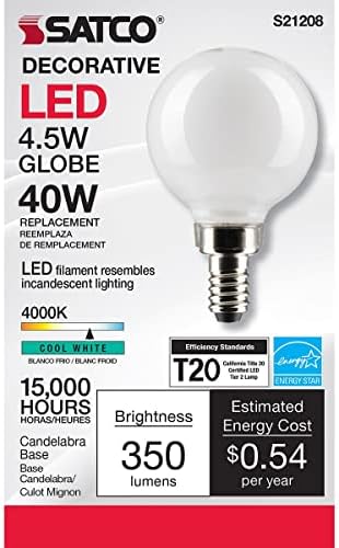 Lâmpadas E12 LED de 4,5 watts SATCO, 4000K, 15000 horas de classificação, Dimmable, 6 pacote