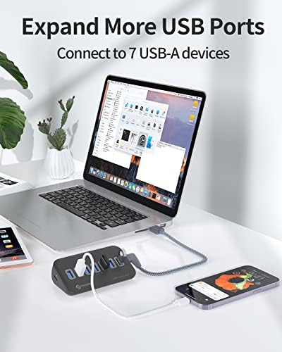 Phixero 7 Portas USB 3.0 Hub, 5 Gbps de porta USB Hub com um cabo de ângulo de USB A a C de 3,3 pés a, Splitter USB portátil,