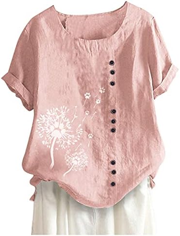 Qcemeni blusas plus size para mulheres linho de algodão Camisão de manga curta Camisetas da moda gráfica de impressão gráfica imprimir