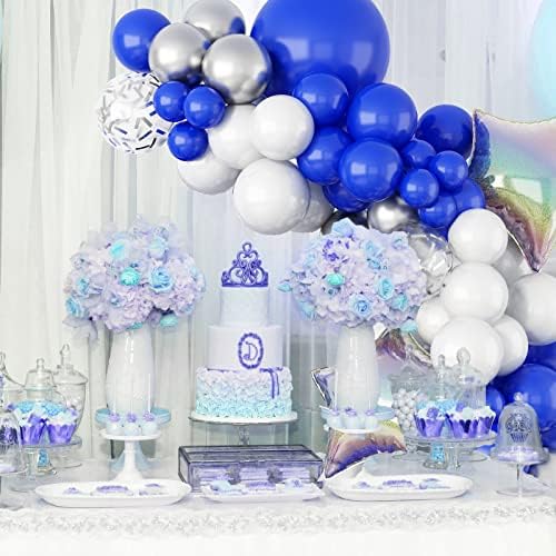 Kit de guirlanda de balão azul e branco Gremag, kit de balão de balão de prata azul de 102pcs azul, com balão de laser a laser de confetes prateado, para o pano de fundo do menino de graduação do chá de bebê
