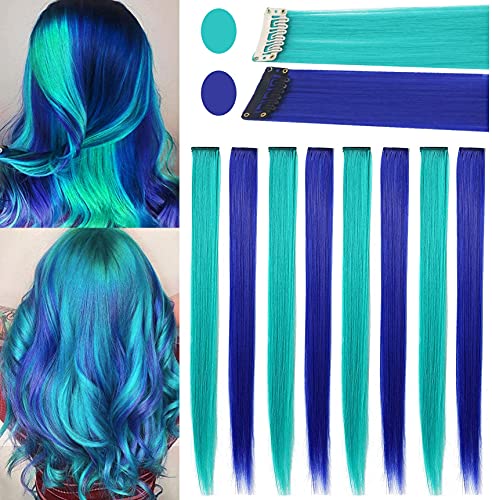 Extensões de cabelo azul e cerceta de cor MQY Clipe colorido em extensões de cabelo 21 polegadas Extensões de cabelo lisadas sintéticas para mulheres garotas Presente de aniversário Multi-Colors Party Clip em pente de cabelo sintético 8pcs