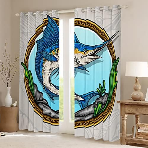 Cortinas de peixe -espada Erosébrida 42x90, cortinas de caça e pesca em blecaute para crianças meninos meninas, cortinas