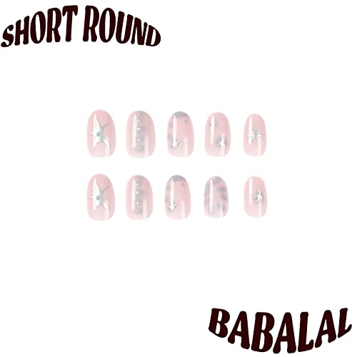 Babalal redonda prenda em unhas curtas unhas falsas cola de lasca nas unhas acrílico unhas oval bastão em unhas luminárias unhas falsas 24pcs