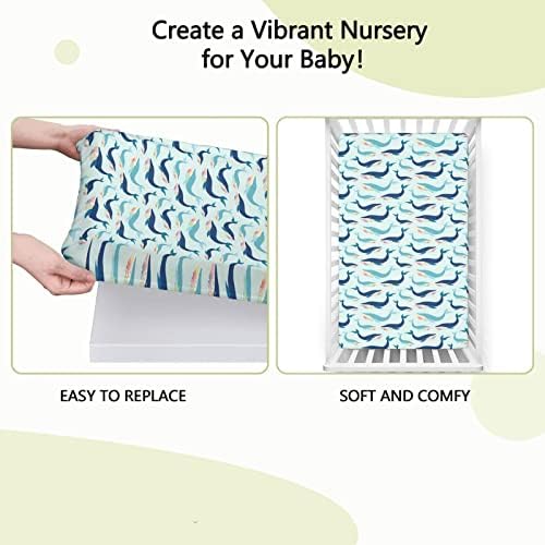 Folhas de mini-berço com temas de baleias, lençóis portáteis de mini berço portáteis para meninas para meninos, 24 “x38“, azul marinho pálido