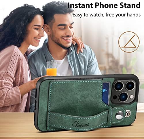 Carteira Rungos iPhone 14 Pro Max Case com porta-cinta para o dedo da mão, estojo sutil de carteira de couro de luxo com caixa e