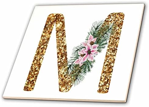 3drose rosa Poinsettia Imagem de Gold Glitter Christmas Monogram Initial M - Tiles