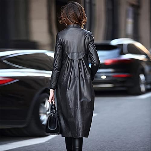 Autumn Long Black Black Soft Soft Leather Coat Women Women Manga Longa Moda de estilo chinês elegante