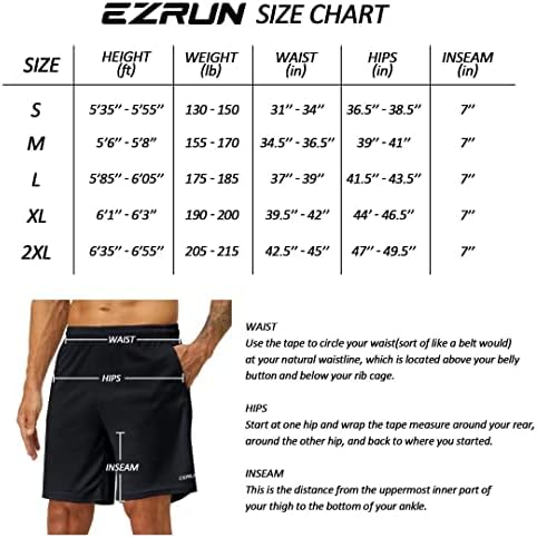 EZRUN Mens 7 polegadas Treino Athletic Shorts leves leves de corrida seca rápida para academia com bolsos com zíper
