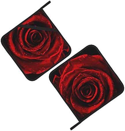 Portadores de panela de rosas vermelhas para forno de cozinha Conjunto de 2 peças Máquina lavável Potholders resistentes