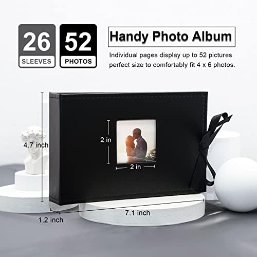 Vienrose Small Photo Álbum 4x6, Mini Picture Book com bolsos, Páginas claras contém 52 fotos, capa de couro Postagem Photobook Black 1 pack
