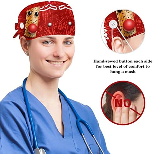 Enfermeiro limpar as mulheres cabelos longos, tampa de trabalho ajustável em alces de Natal vermelho com o botão e o arco -arco scrunchie
