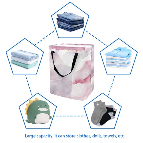 Grande cesta de lavanderia cesto de lavanderia cesto com alças bolsa de roupas dobráveis, lixo dobrável para lavar roupas de brinquedo de dormitório, mármore abstrato rosa