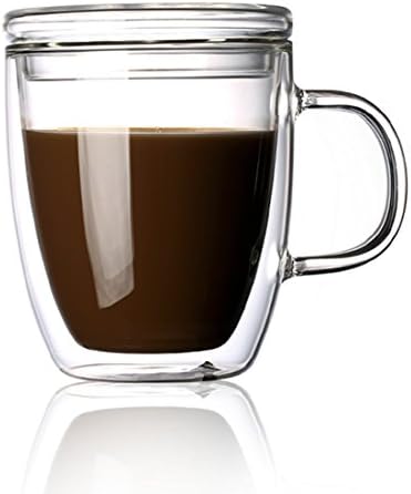 Oisiikits Borossilicate Glass Coffee Caneca com alça de tampa, copo de vidro isolado de 8,8 onças de parede dupla - desfrute