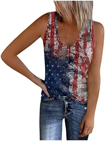 Tops femininos verão 2023 decote em V Moda Independence Day Print Padrão de t-shirt Tampes de colete sem mangas
