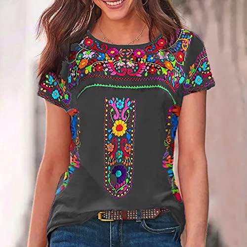 Blusa camiseta feminina manga curta de gola pescoço de pescoço algodão impressão gráfica Blusa medieval floral 0e