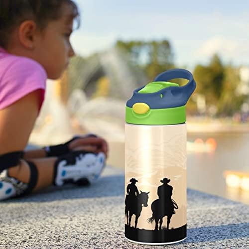 Kigai Cowboy Kids Water Bottle com tampa de palha, BPA Free e 12 onças de aço inoxidável a vácuo Flask à prova de vazamentos Thermos