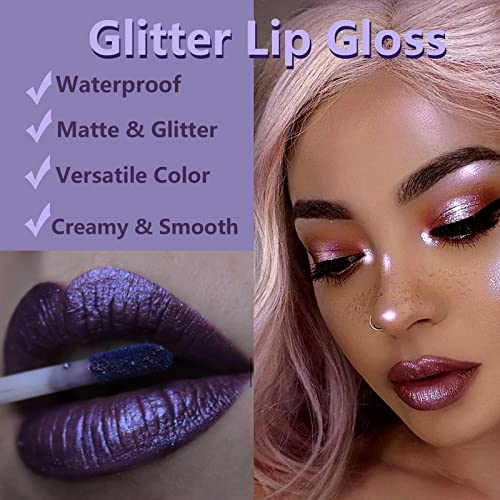 Rosarden Purple Diamond Glitter Lip Gloss, brilhante brilho metálico brilhante, batom líquido fosco para glitter,