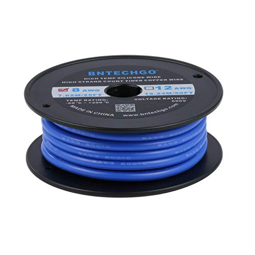Bentechgo 8 bitola Silicone Wire Spool 25 pés azul flexível 8 AWG Fio de cobre em estanho encalhado