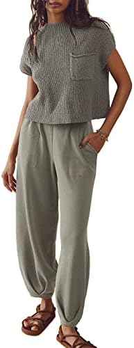 Roupas de duas peças para mulheres conjuntos de suéters de malha de coletes e calças de cintura alta Lounge 2 peças combinando