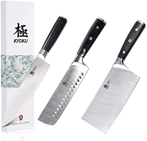 Kyoku Samurai Series 8 Chef Knife + 7 Nakiri Vegetable Knife + 7 Cleaver de vegetais chinês - Tang completo - Japonês