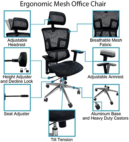 Ergomax, com apoio de cabeça e apoios de braços em altura ergonômica ajustável, tecido de malha respirável, cadeira de escritório em casa, 53 pol. Max, preto