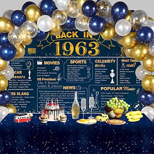 Darunaxy Blue 60th Birthday Party Decorações, ouro azul de volta em 1963 Banner, balões de confete de 60pcs, toalhas de mesa